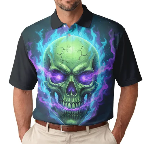 Luminous Lime Green Skull Glowing Blue Flames Purple Smoke - Halloween Party Gift Men's Polo Shirt