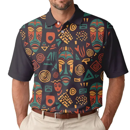 African Tribal Masks Distinct Features Geometric Shapes Symbols - Cultural Art Lover Gift Men's Polo Shirt