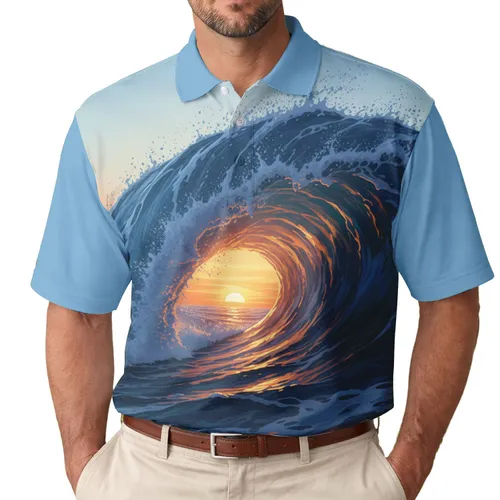 Colossal Ocean Wave Barrel with Fiery Sunset Glow - Coastal Ocean Lover Gift Men's Polo Shirt
