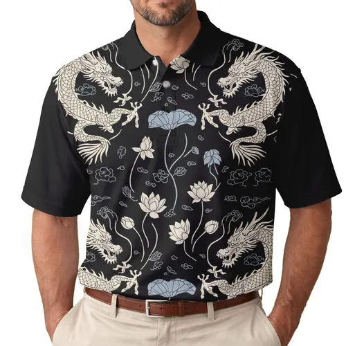 Chinese Dragons Lotus Flowers - Cultural Heritage Gift for Mythology Lover Men's Polo Shirt