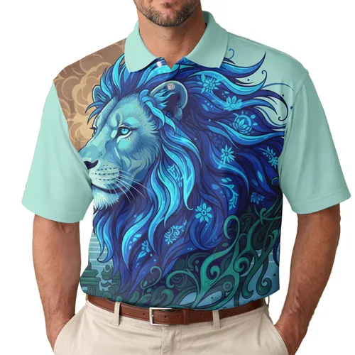 Majestic Lion Head Blue Mane Ornate Floral Green Tribal Forms - Mystical Animal Gift Men's Polo Shirt