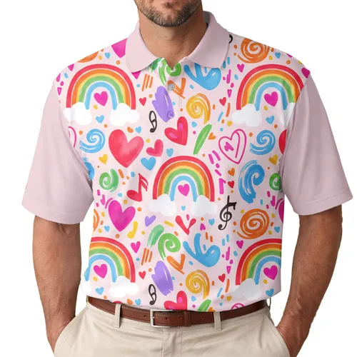 Arched Rainbow Clouds Stylized Hearts Musical Notes Painterly Swirls - Joyful Living Gift Men's Polo Shirt