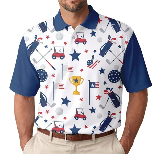 Golf Clubs American Flag Stars Trophies - Independence Day Gift for Veterans Men's Polo Shirt