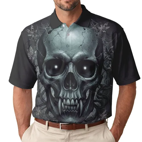 Cracked Skull Fangs Spiderweb Vines - Gothic Lifestyle Gift for Horror Fan Men's Polo Shirt