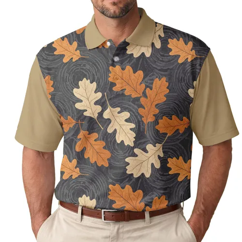 Dark Charcoal Beige Brown Orange Drying Oak Leaves - Fall Season Gift Men's Polo Shirt