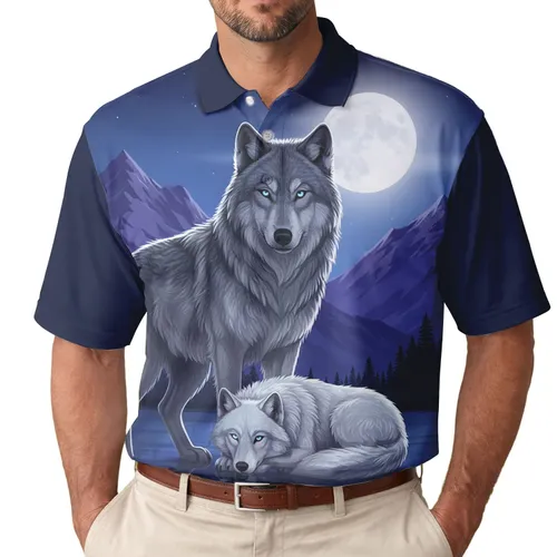 Majestic Wolves Moonlit Mountain Water Reflection - Wildlife Lover Gift Men's Polo Shirt