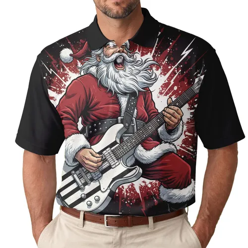 Rock-and-Roll Santa Claus Electric Guitar - Christmas Gift for Music Lover Men's Polo Shirt