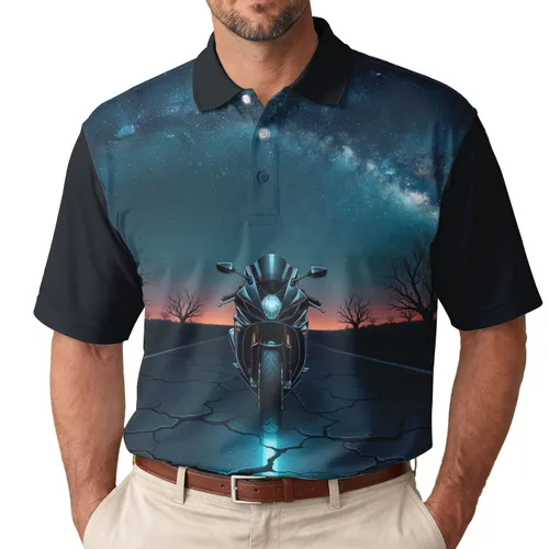 Black Sport Motorcycle Cracked Road Milky Way Night Sky - Road Trip Gift Men's Polo Shirt
