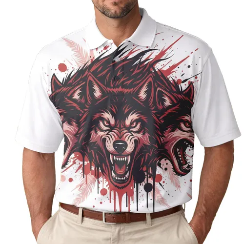 Snarling Wolf Heads Stark Black Red Splatter Streaks - Wildlife Lover Gift for Him Men's Polo Shirt
