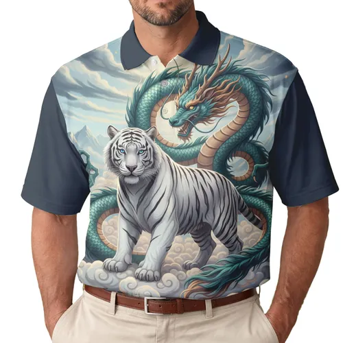 White Tiger Chinese Dragon Mystical Clouds - Fantasy Adventure Gift for Wildlife Lover Men's Polo Shirt