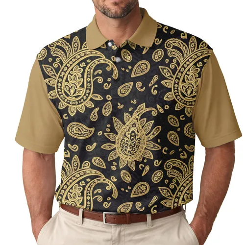Paisley Swirl Floral Teardrop Oval Gold Black - Luxury Fashion Statement for Men Men's Polo Shirt