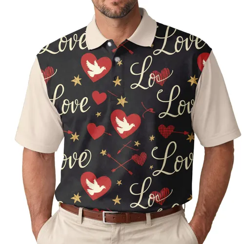 Cream Love Script Red Hearts Cupid Arrows Gold Stars - Valentine's Day Gift Men's Polo Shirt