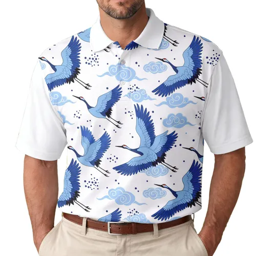 Blue Flying Cranes Cloud Formations - Nature Lover Gift for Bird Watchers Men's Polo Shirt