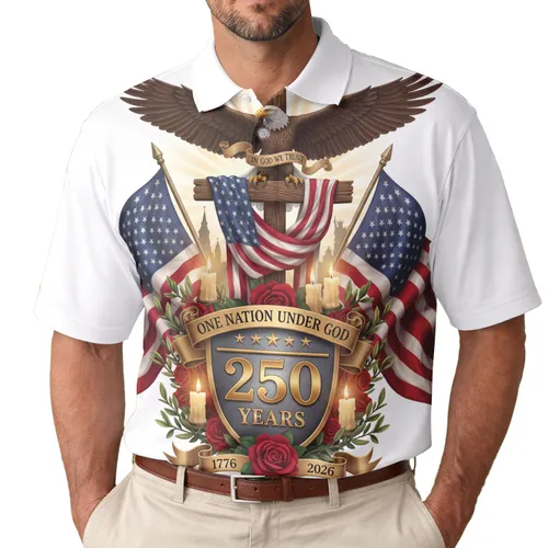 Bald Eagle American Flag Cross 250 Years Emblem - Independence Day Gift for Veterans Men's Polo Shirt