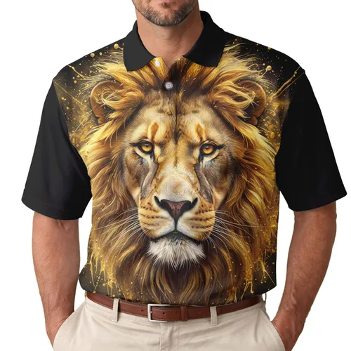 Lion Head Golden Mane Forward Gaze - Wildlife Lover Gift for Nature Admirer Men's Polo Shirt