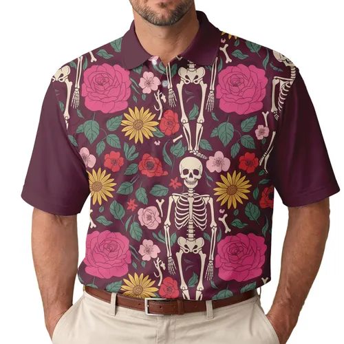 Off-White Skeletal Figures Skulls Rib Cages Roses Poppies Daisies - Everyday Wear Gift Men's Polo Shirt