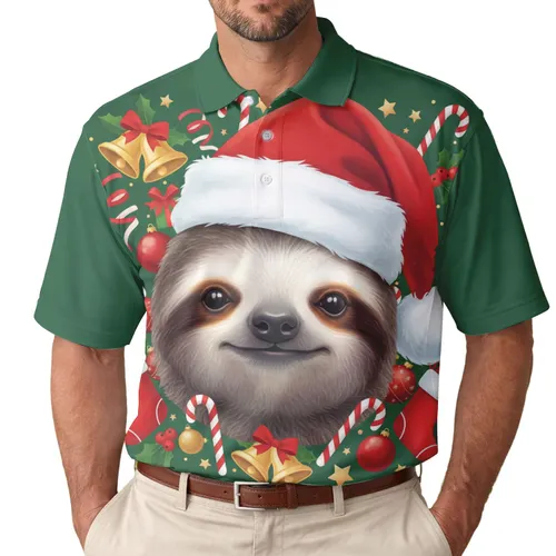 Sloth Wearing Santa Hat Christmas Bells Candy Canes - Holiday Sloth Lover Gift Men's Polo Shirt