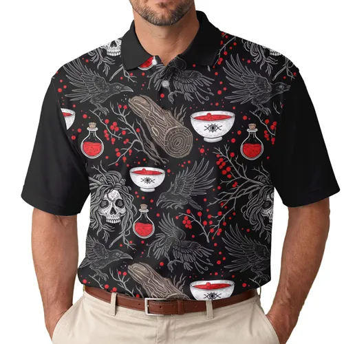 Skulls with Root Hair Ravens Berries Eye Bowls Potion Bottles - Mystic Lifestyle Gift Men's Polo Shirt