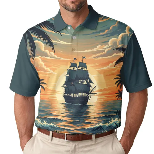 Grand Vintage Sailing Ship Tropical Sunset - Vacation Getaway for Ocean Lovers Men's Polo Shirt