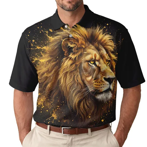 Majestic Lion Head Golden Splatters - Wildlife Lover Gift Men's Polo Shirt
