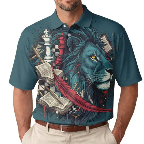 Lion Head Chess Pieces Books Feather - Strategy Game Gift for Thinkers Men's Polo Shirt