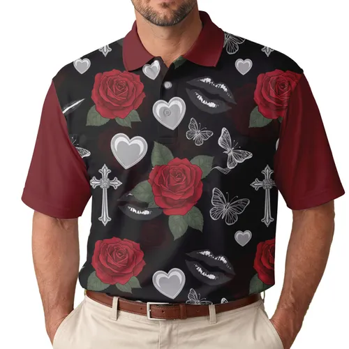 Red Roses Silver Hearts Black Kiss Cross Butterflies - Love Token Gift Men's Polo Shirt