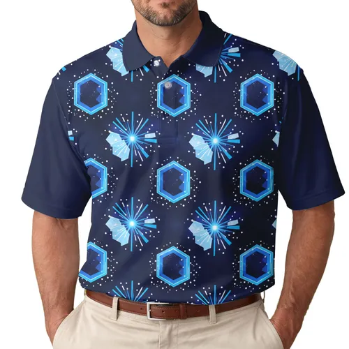Electric Blue Hexagonal Forms - Futuristic Style for Tech Enthusiasts Men's Polo Shirt