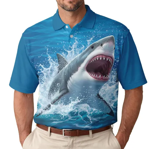 Great White Shark Lunging Turbulent Ocean Water Splashes - Wildlife Lover Gift Men's Polo Shirt