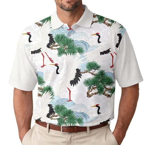 Flying Red-Crowned Cranes Pine Branches - Wildlife Lover Gift Men's Polo Shirt
