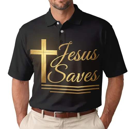 Golden Cross Jesus Saves - Everyday Faith Gift for Christian Believers Men's Polo Shirt