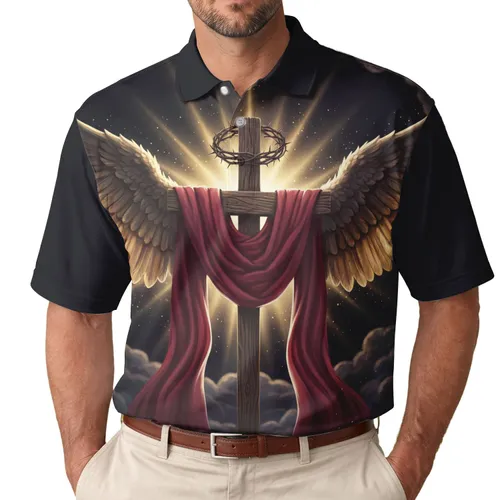 Weathered Cross Angelic Wings Thorny Crown - Inspirational Faith Gift Men's Polo Shirt