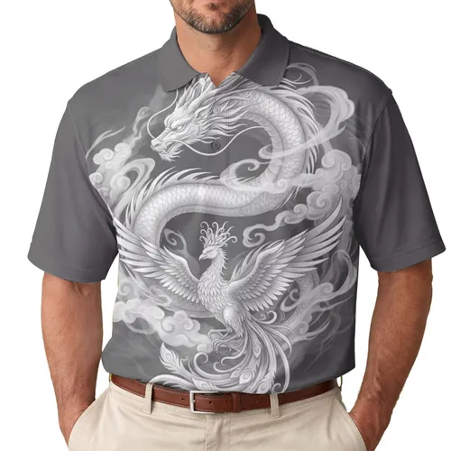 Eastern Dragon Coiling Phoenix Rising Smoke Clouds - Mythology Lover Gift Men's Polo Shirt