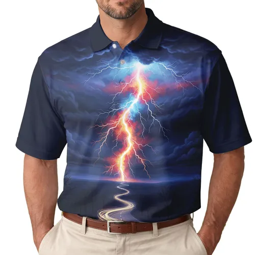 Multi-Colored Lightning Bolt Stormy Night Road with Trees and Clouds - Adventure Lover Gift Men's Polo Shirt