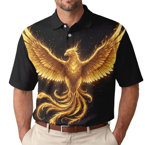 Golden Phoenix Fiery Wings Swirling Energy - Mythical Creature Fantasy Lover Gift Men's Polo Shirt