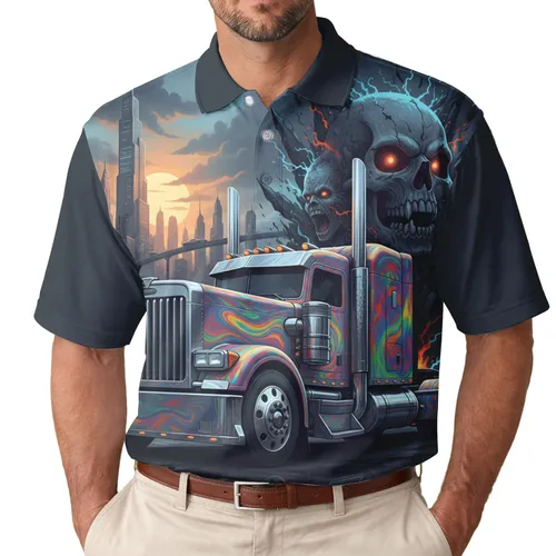 Psychedelic Big Rig Skull Cityscape - Urban Driver Gift for Truckers Men's Polo Shirt