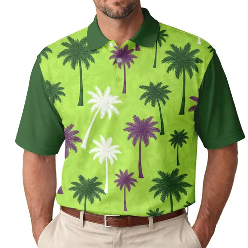 Dark Green White Purple Palm Trees - Tropical Vacation Gift for Beach Lover Men's Polo Shirt