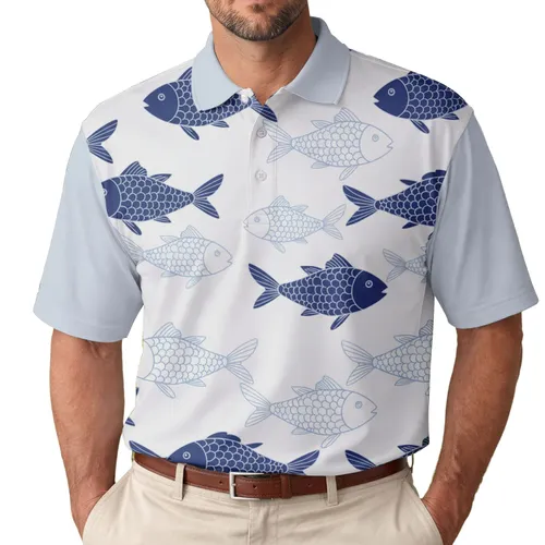 Light Grey Deep Blue Light Blue Fish Scales Scattered - Ocean Life Lover Gift Men's Polo Shirt
