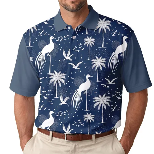 Flowing Tail Birds Palm Trees Tropical Scene - Island Vacation Gift Men's Polo Shirt