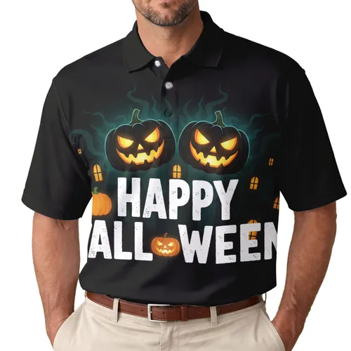 Happy Halloween Glowing Pumpkin Jack-o'-Lantern Haunted Village - Halloween Party Men's Polo Shirt