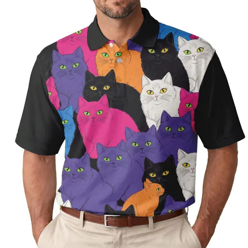 Vibrant Fluffy Cat Fur Glowing Eyes - Pet Owner Gift Men's Polo Shirt
