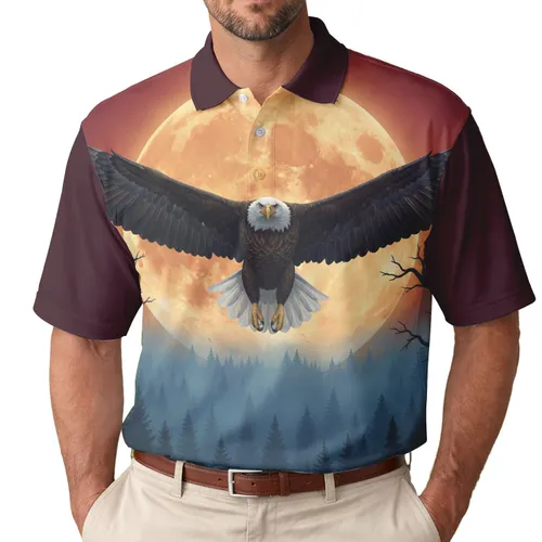 Majestic Bald Eagle Glowing Full Moon Red Sky Evergreen Forest - Wildlife Lover Gift Men's Polo Shirt