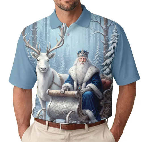 White-Bearded King Royal Sleigh White Reindeer Snowy Winter Forest - Christmas Gift Men's Polo Shirt