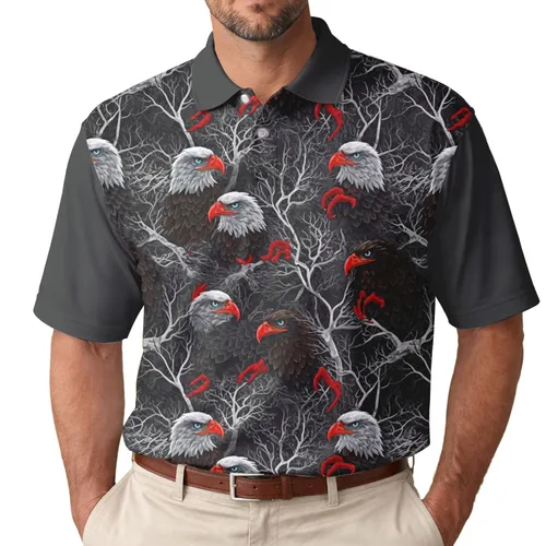American Bald Eagle Heads Piercing Eyes Red Beaks Dark Gnarled Trees Shadowy Forest - Wildlife Lover Gift Men's Polo Shirt