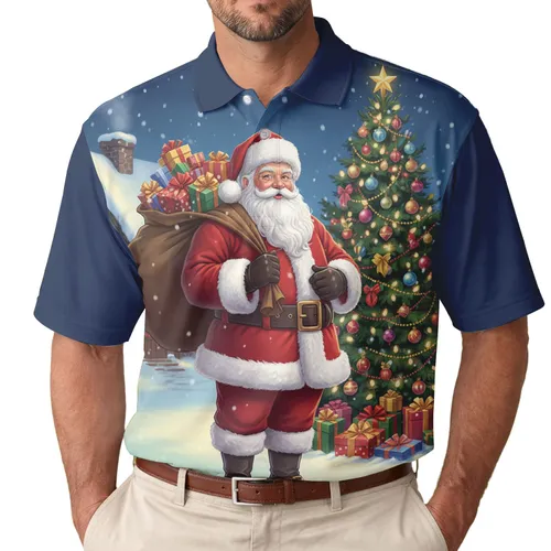 Jolly Santa Claus Christmas Presents Cottage Scene - Christmas Holiday Gift for Family Men's Polo Shirt