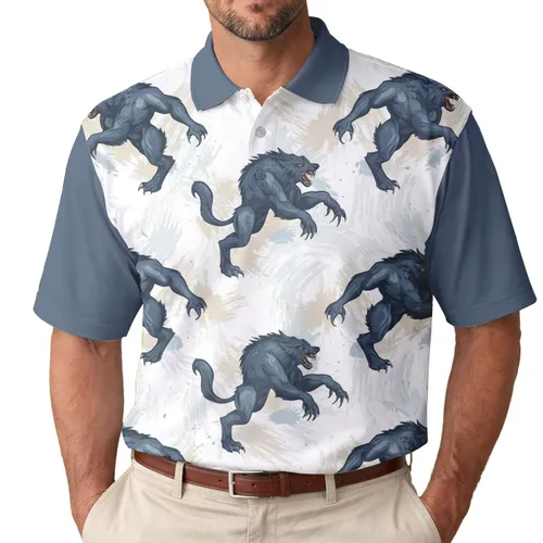 Werewolf Creatures Standing Stride Teeth Claws Brushstrokes Splatters - Creature Lover Gift Men's Polo Shirt