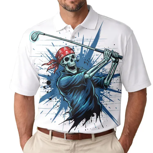 Skeleton Golfer Red Bandana Skull Crossbones - Golf Tournament Gift for Players Men's Polo Shirt