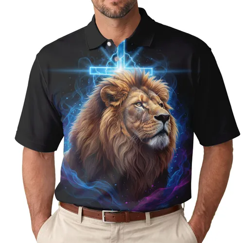 Reverent Lion Head Glowing Blue Cross - Spiritual Faith Gift Men's Polo Shirt