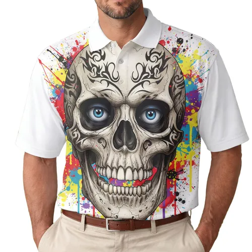Tribal Skull Blue Eyes Open Jaw Paint Splatter - Gothic Lifestyle Gift for Skull Lover Men's Polo Shirt
