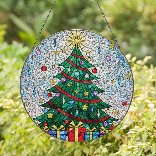 Decorated Christmas Tree Ornaments Gift Boxes - Christmas Holiday Home Decor Stained Glass Suncatcher