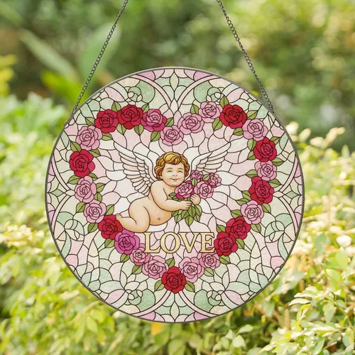 Cute Smiling Angel Wings Pink Red Roses Heart Outline Love - Mother's Day Home Decor Gift for Her Stained Glass Suncatcher